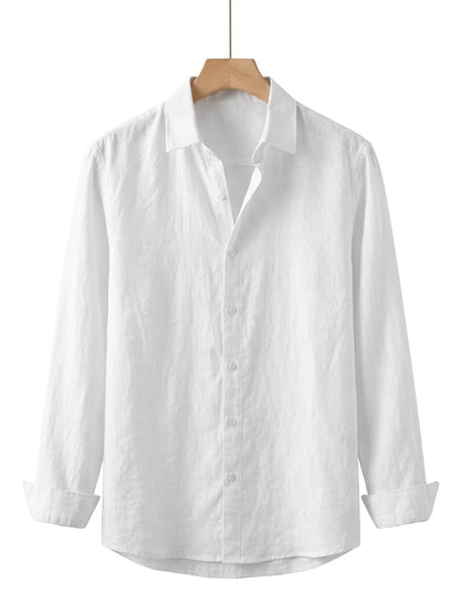 Momount Men Linen Shirt – Long Sleeve Turn Down Collar Summer Casual - White - hanger