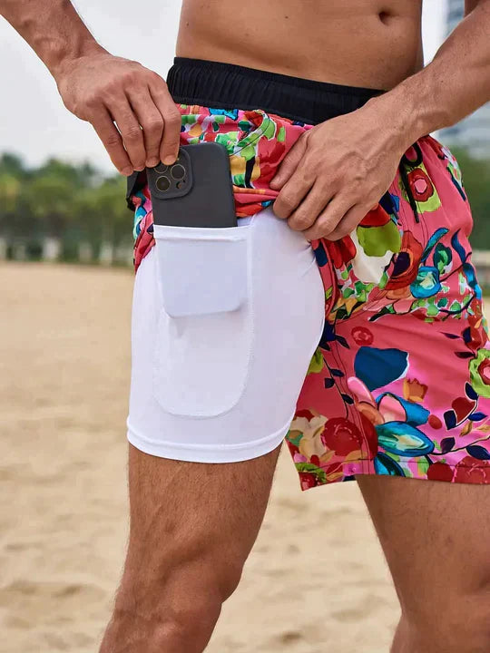 Pantaloni de Baie Momount Bărbați – Imprimeu Palmier, Liner Compresie, Uscare Rapidă, Lungime Medie