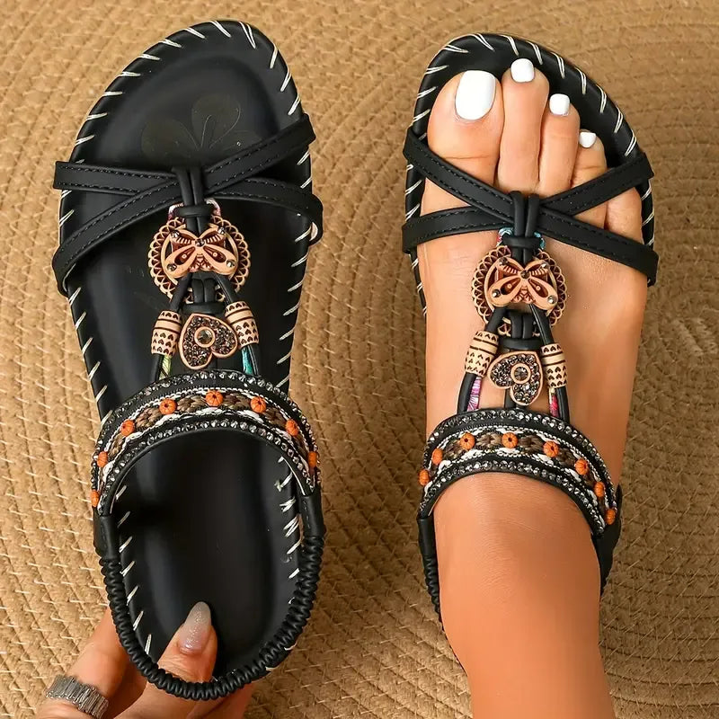 Sandale Slingback Momount Damă – Turcoaz Boho cu Mărgele și Strasuri, Plate