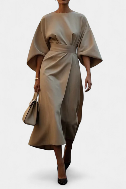 Rochie Midi de Birou Momount Damă – Croială Lejeră, Mânecă Largă, Curea Eleganta