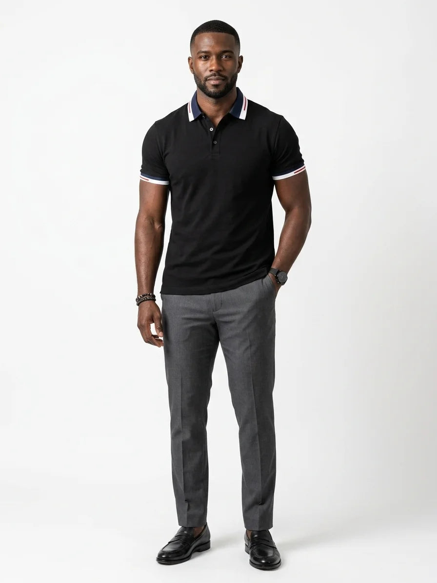 Momount Men Polo Shirt – Contrast Collar Striped Cuff Short Sleeve - Black - front