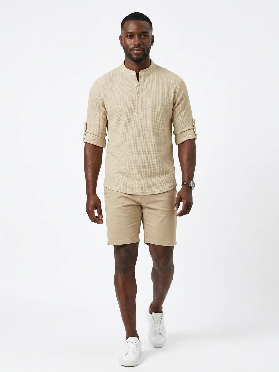 Momount Men Waffle Linen Shirt – Long Sleeve Band Collar Chest Pocket - Beige - front