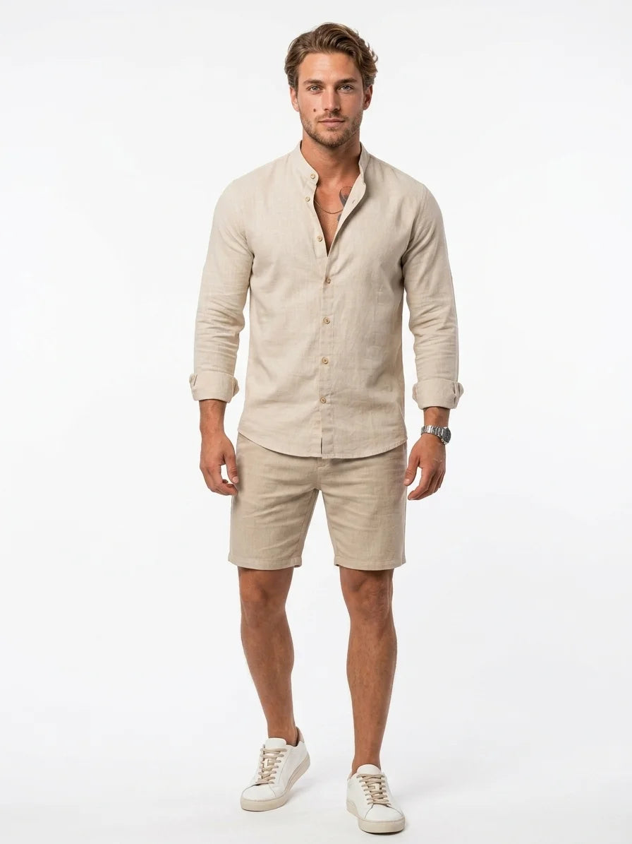Momount Men Linen Shirt – Long Sleeve Slim Fit Button Up Casual - Beige - front