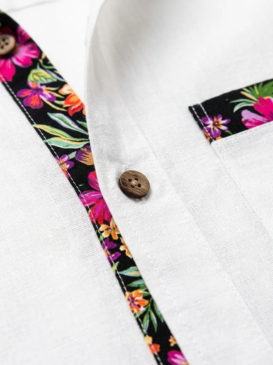 Momount Men Linen Shirt – Long Sleeve Floral Contrast Trim Hawaiian Casual - White - detail
