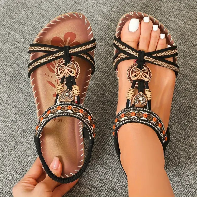 Sandale Slingback Momount Damă – Turcoaz Boho cu Mărgele și Strasuri, Plate