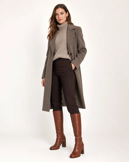 Women's cognac-brown knee-high boots with a sculpted block heel, hero view.