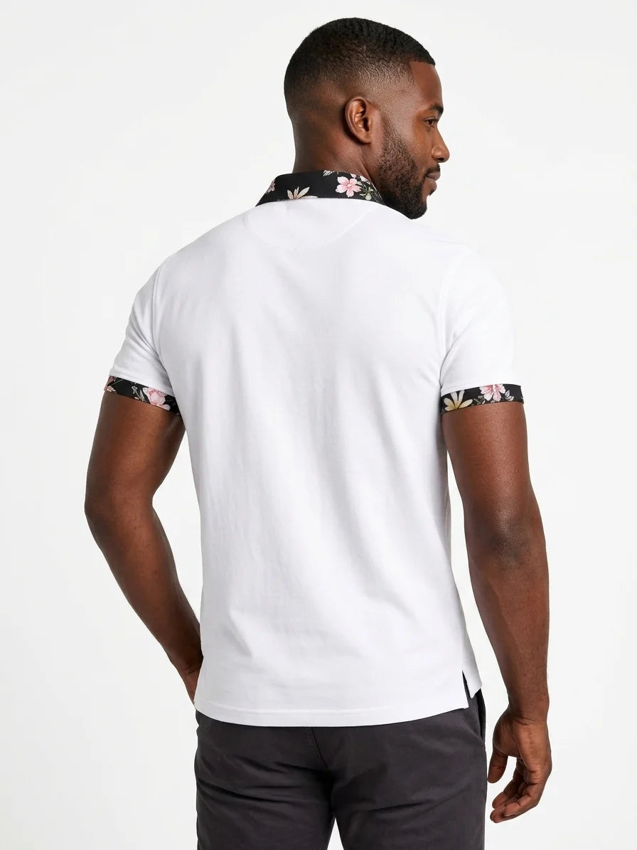 Momount Men Polo Shirt – Floral Contrast Collar Cuffs Short Sleeve - White - back