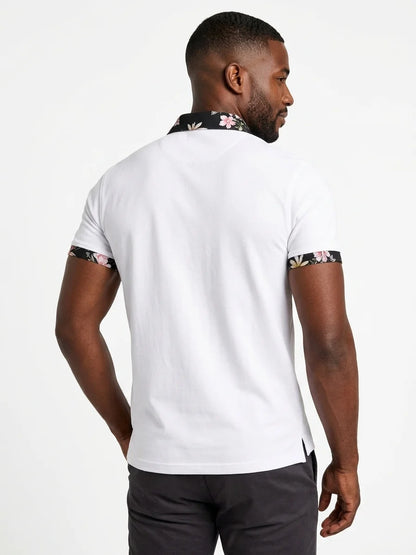 Momount Men Polo Shirt – Floral Contrast Collar Cuffs Short Sleeve - White - back