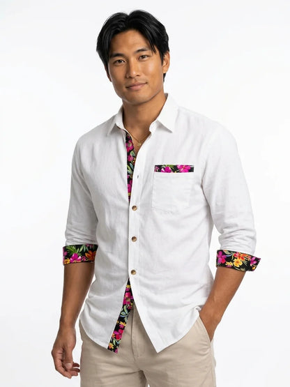 Momount Men Linen Shirt – Long Sleeve Floral Contrast Trim Hawaiian Casual - White - 3/4
