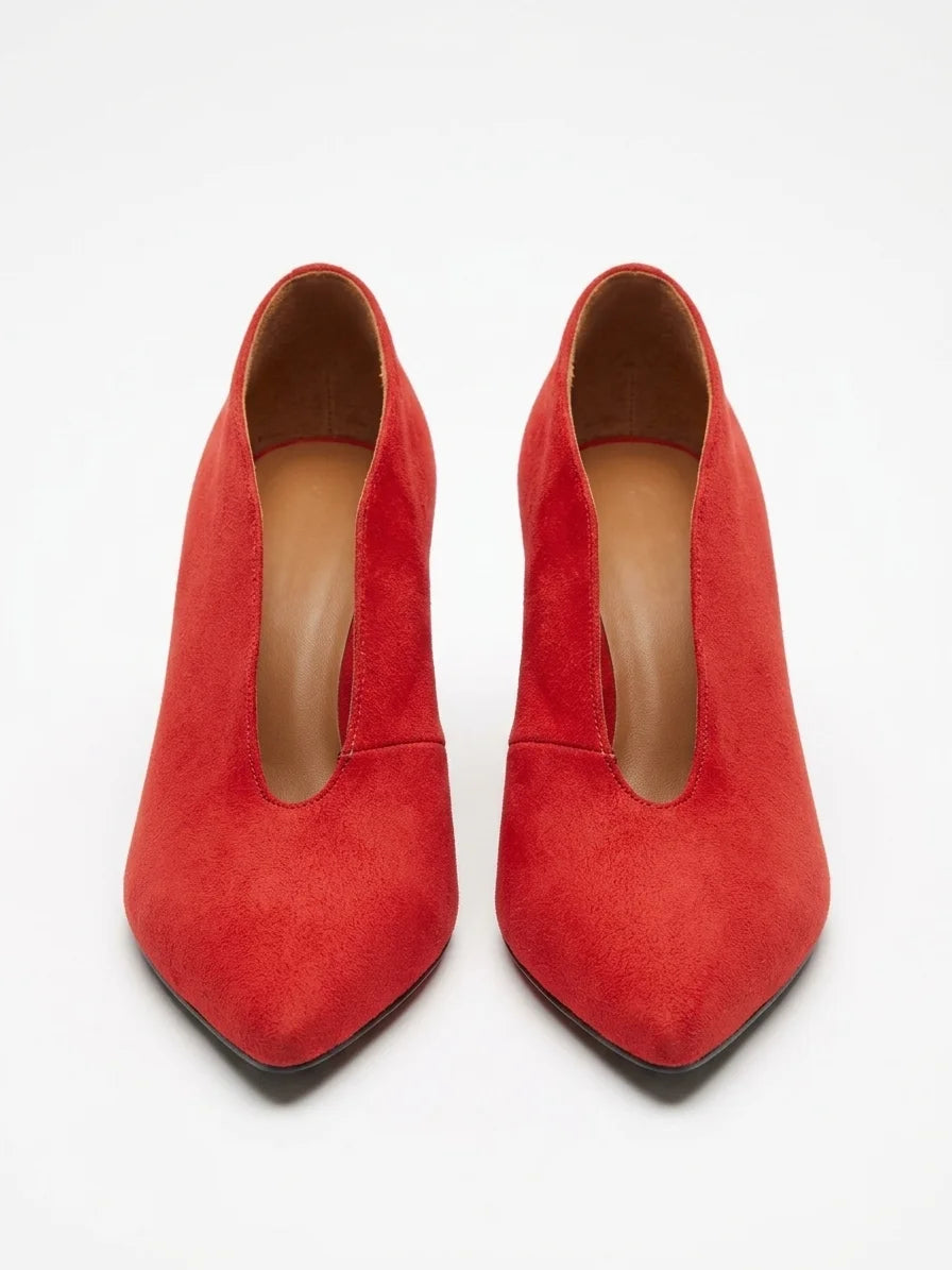 Arabelle | Suede V Cut Block Heel Pumps - Red - front