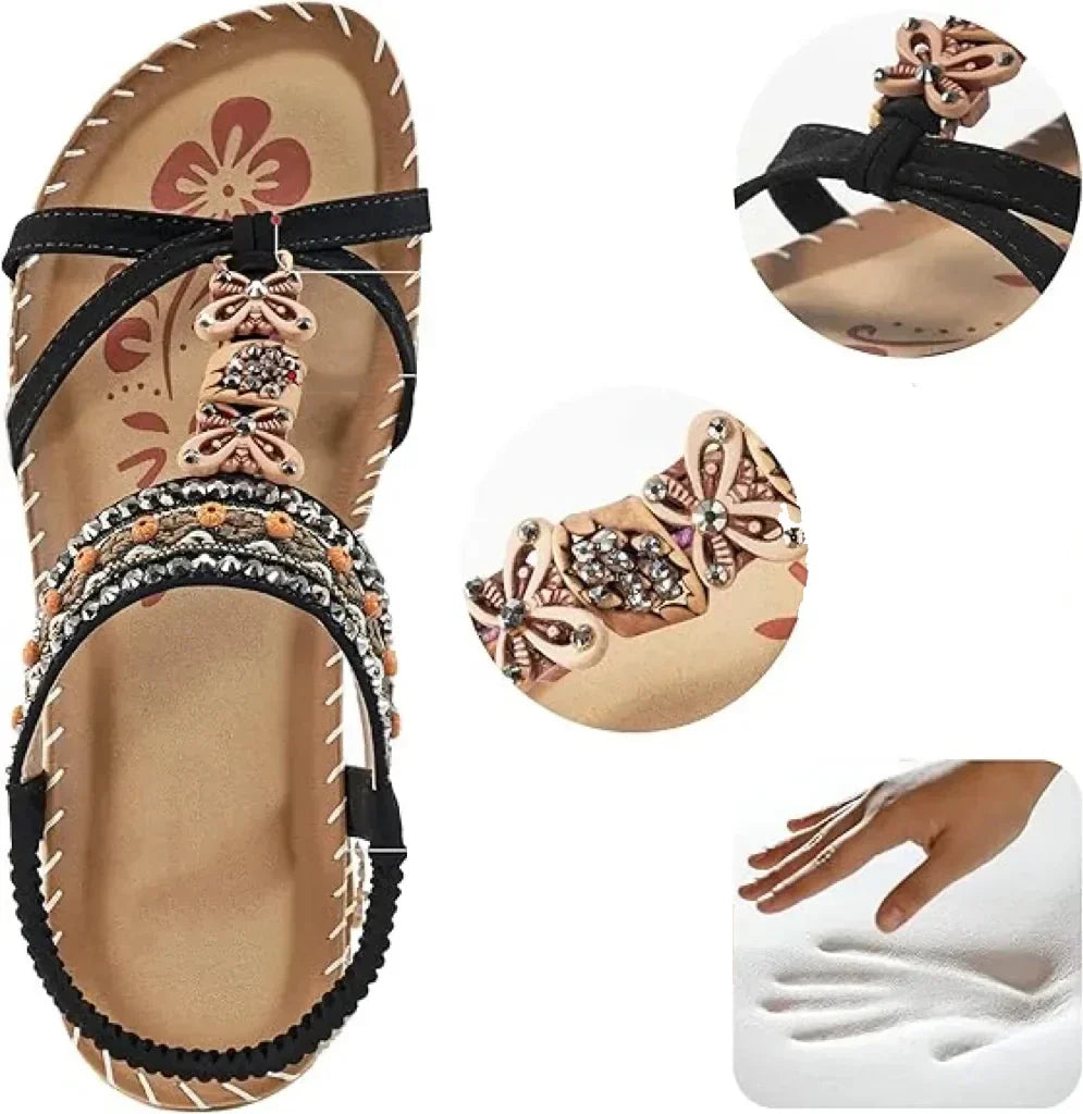 Sandale Slingback Momount Damă – Turcoaz Boho cu Mărgele și Strasuri, Plate