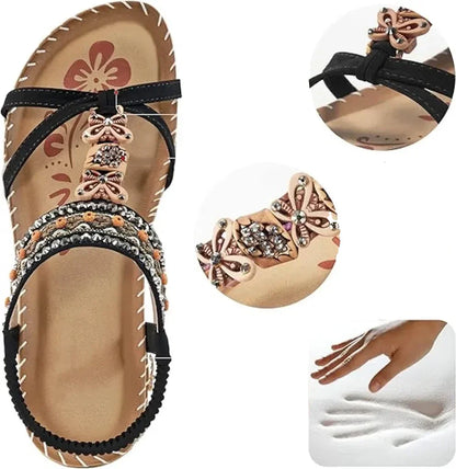 Sandale Slingback Momount Damă – Turcoaz Boho cu Mărgele și Strasuri, Plate