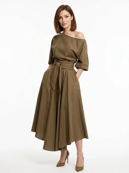 Ameliana | Elegant Off Shoulder Belted Summer Midi Dress - Khaki - front