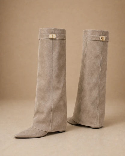 Women's beige suede-effect gold-clasp wedge knee-high boots, product-only pair.
