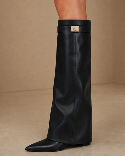 Women's black leather-effect boot, pointed toe, gold clasp and concealed wedge detail.