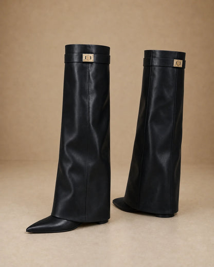 Women's black leather-effect gold-clasp wedge knee-high boots, product-only pair.