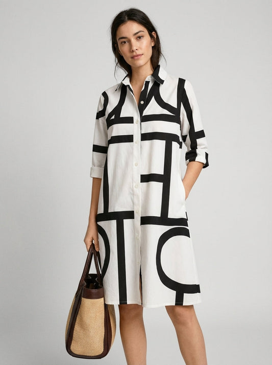 Momount | Rochie Cămașă Damă – Midi cu Imprimeu Litere Abstracte și Nasturi