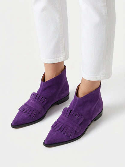 Violette | Cizme Glezniere Boho din Piele Întoarsă cu Franjuri