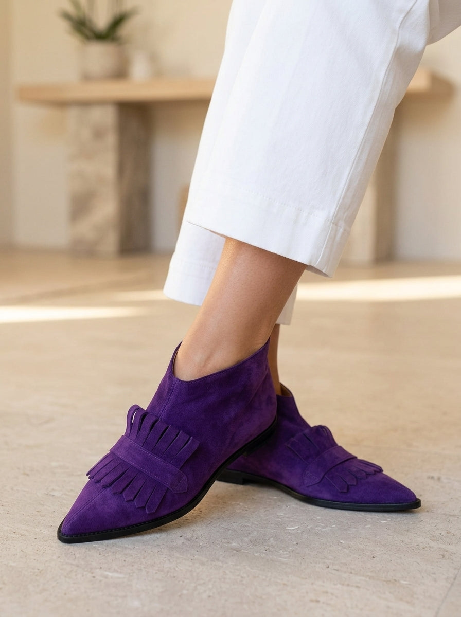 Violette | Cizme Glezniere Boho din Piele Întoarsă cu Franjuri