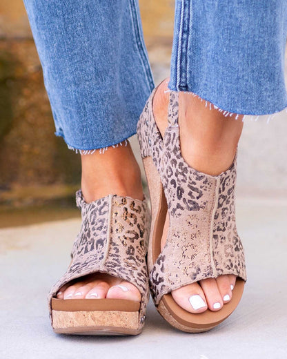 Sandale Wedge Momount Damă – Piele Patinată, Platformă din Plută, Slingback
