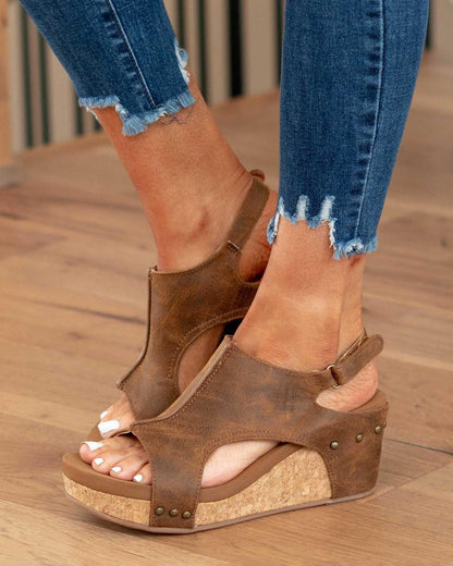 Sandale Wedge Momount Damă – Piele Patinată, Platformă din Plută, Slingback