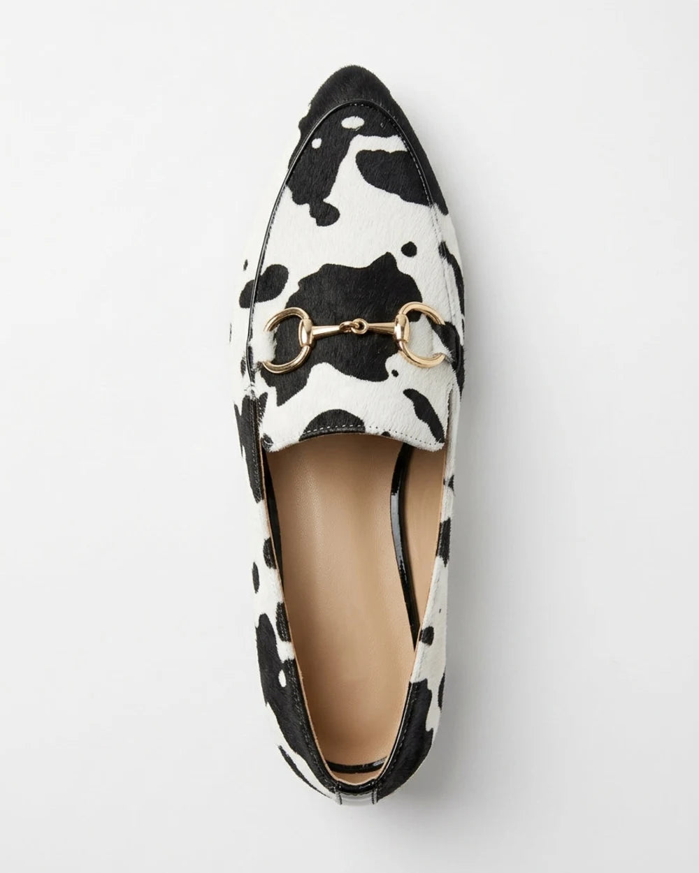 Octavia | Western Cow Print Buckle Flat Loafers — loafers-for-women-animal-print-slip-on-black-white-04-reference-view.webp