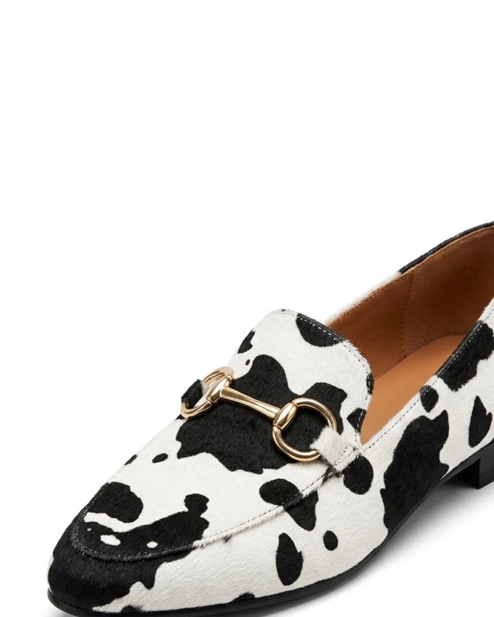 Octavia | Western Cow Print Buckle Flat Loafers — loafers-for-women-animal-print-slip-on-black-white-08-detail.webp