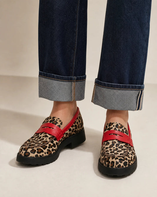 Carmela | Leopard Leather Platform Penny Loafers — loafers-for-women-chunky-sole-slip-on-brown-khaki-01-worn-hero.webp