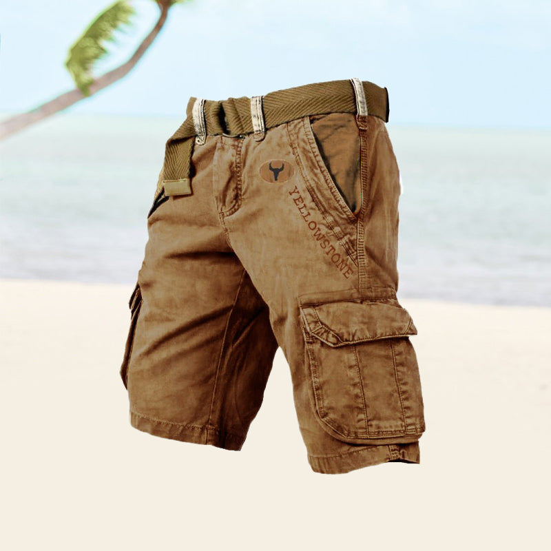 Momount Pantaloni Scurți Cargo Bărbați – Bumbac Spălat cu Cordon Vintage Distresat