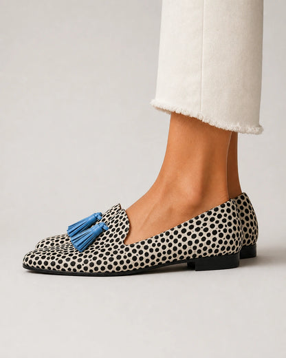 Mocasini animal print de damă cu ciucuri albaștri — imagine de produs 4