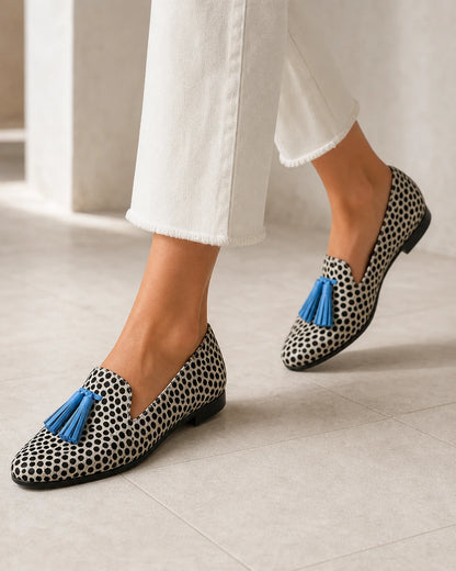 Mocasini animal print de damă cu ciucuri albaștri — imagine de produs 7