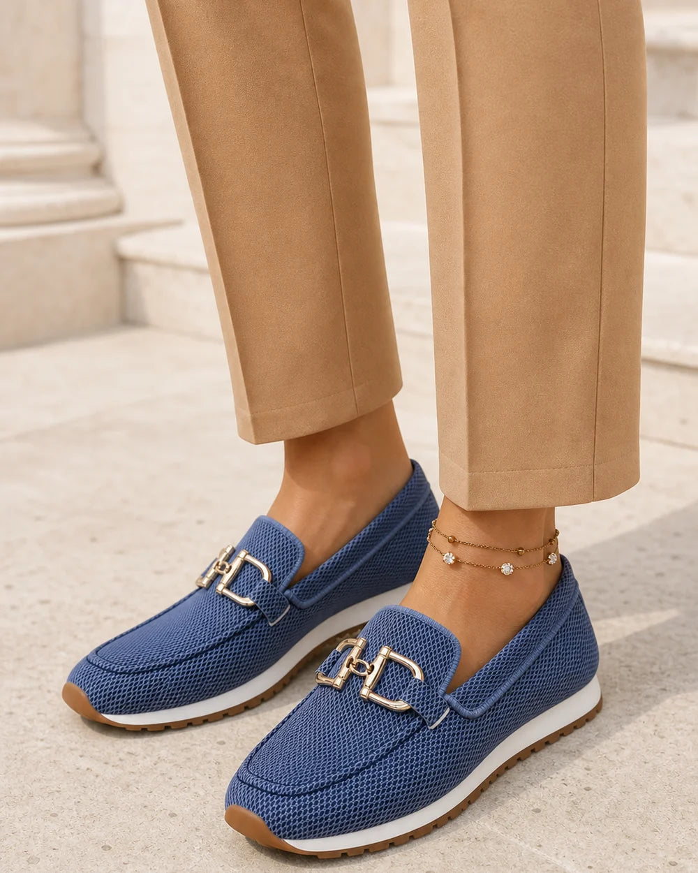 Mocasini bleumarin de damă cu cataramă dublă și talpă sport — imagine de produs 2