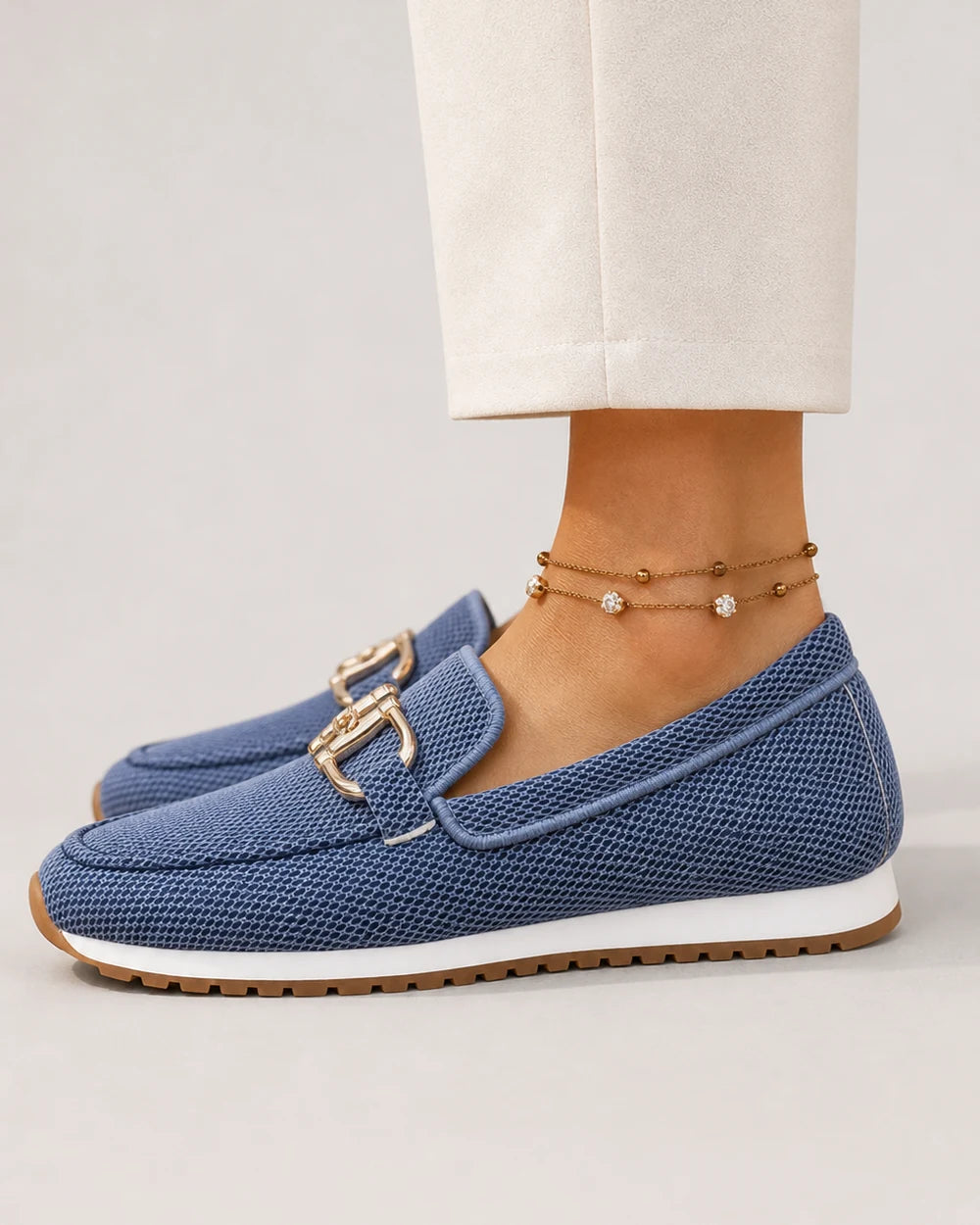 Mocasini bleumarin de damă cu cataramă dublă și talpă sport — imagine de produs 4
