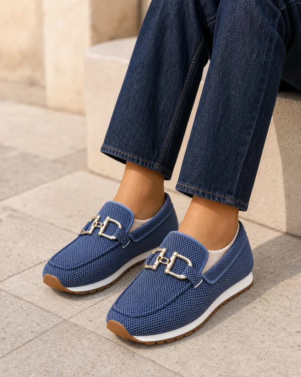 Mocasini bleumarin de damă cu cataramă dublă și talpă sport — imagine de produs 8