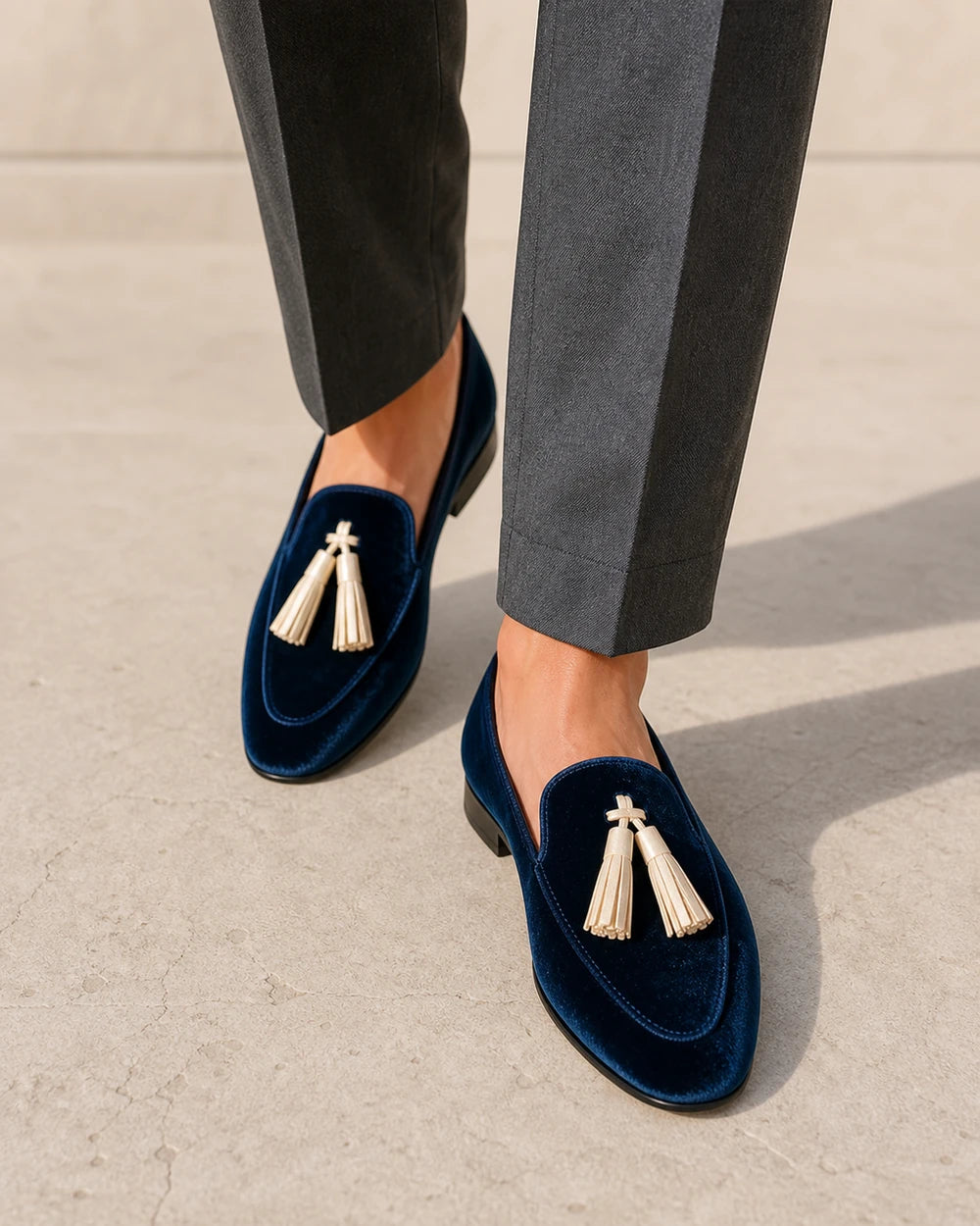 Mocasini bleumarin de damă cu textură catifelată și ciucuri — imagine de produs 7