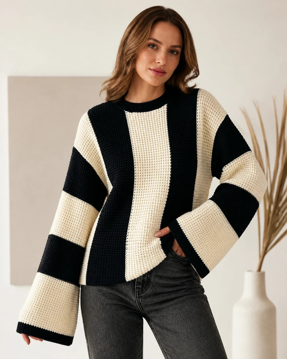 Women's beige black-and-cream color-block sweater, product-first front view