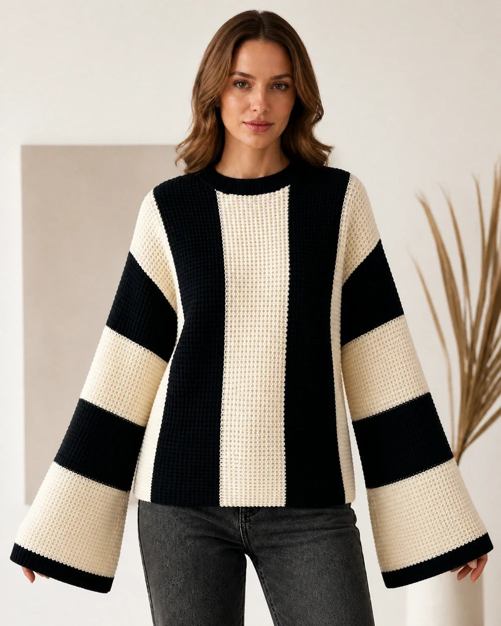 Women's beige black-and-cream color-block sweater, straight front view