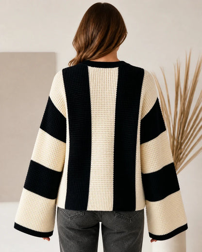 Women's beige black-and-cream color-block sweater, true back view
