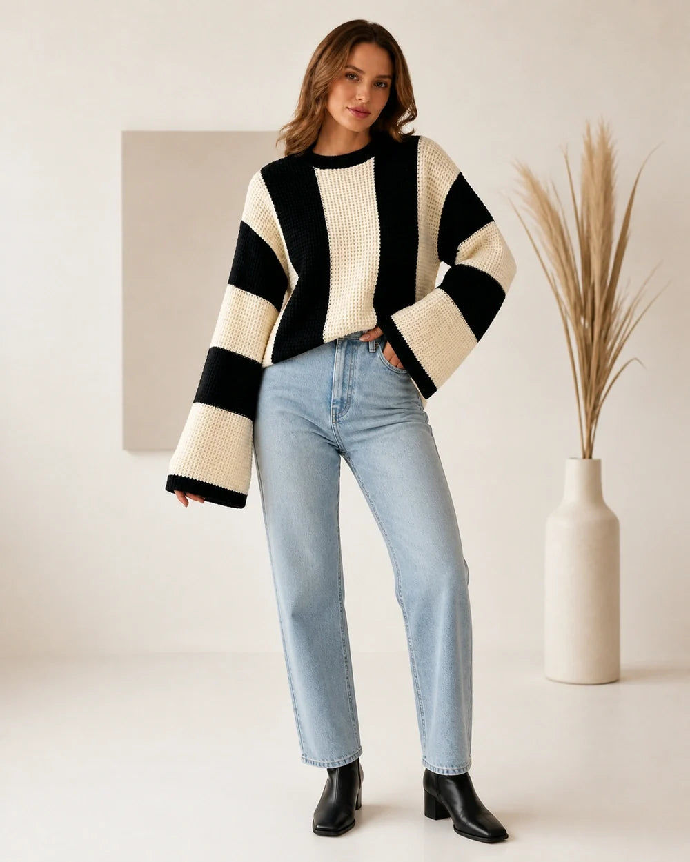Women's beige black-and-cream color-block sweater, second styling