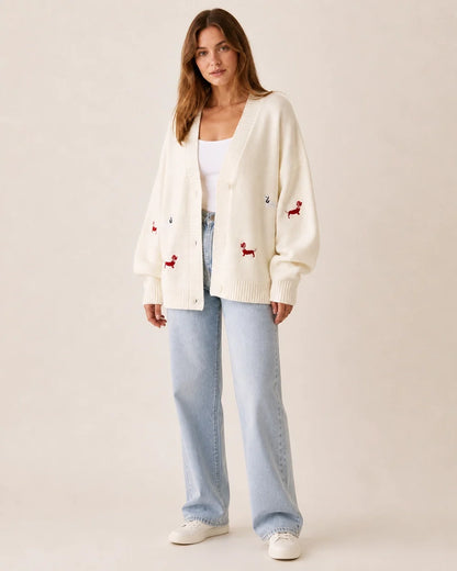 Women's white dachshund motif cardigan, full-length styled view