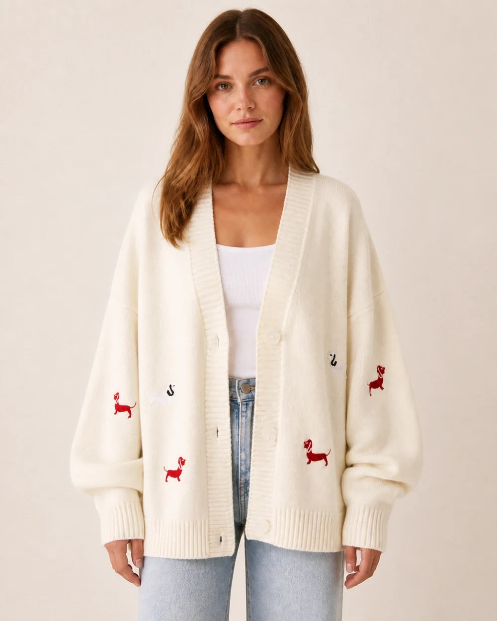 Women's white dachshund motif cardigan, straight front view