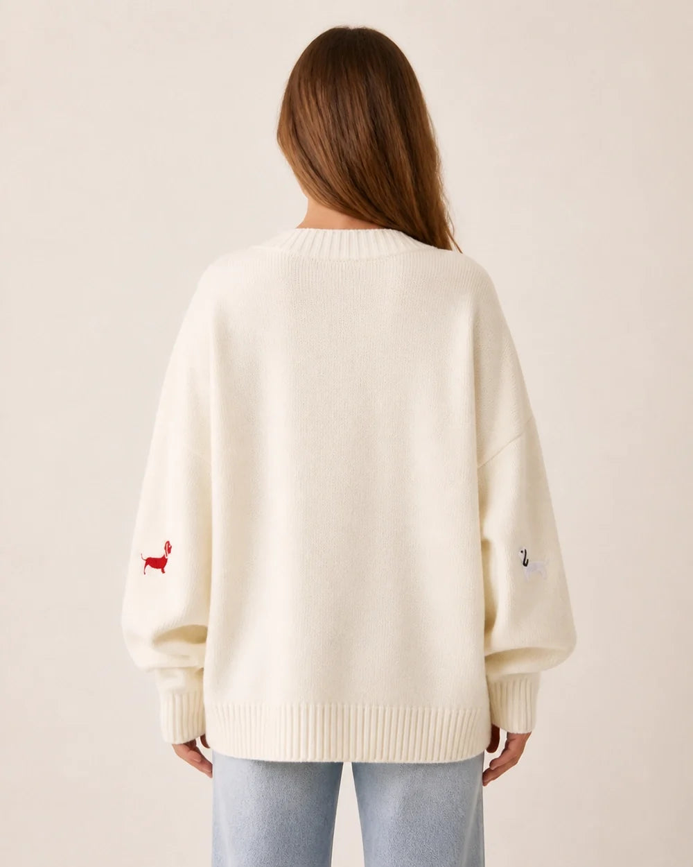 Women's white dachshund motif cardigan, true back view