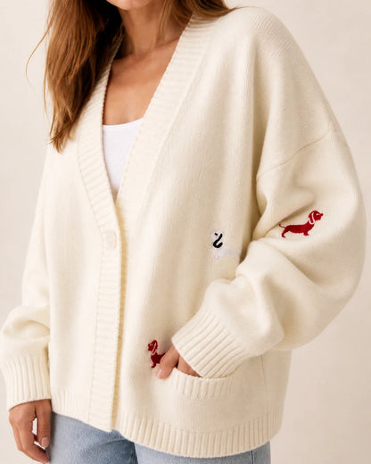 Women's white dachshund motif cardigan, embroidery and knit detail