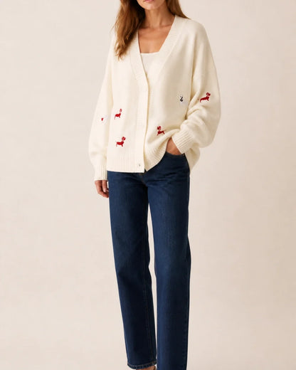 Women's white dachshund motif cardigan with dark denim styling