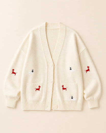 Women's white dachshund motif cardigan, product-only flat lay