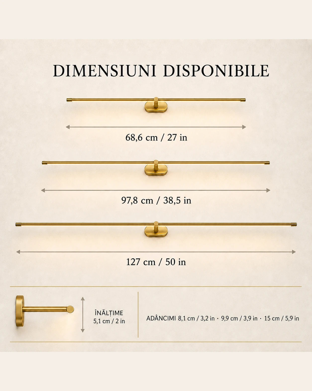 Dimensiunile disponibile ale aplicei LED liniare: 68,6, 97,8 și 127 cm