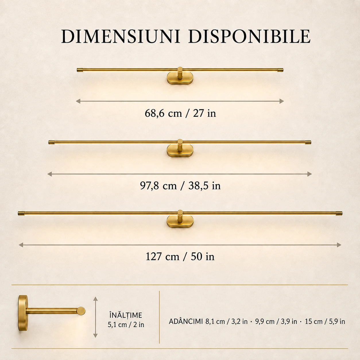Dimensiunile disponibile ale aplicei LED liniare: 68,6, 97,8 și 127 cm