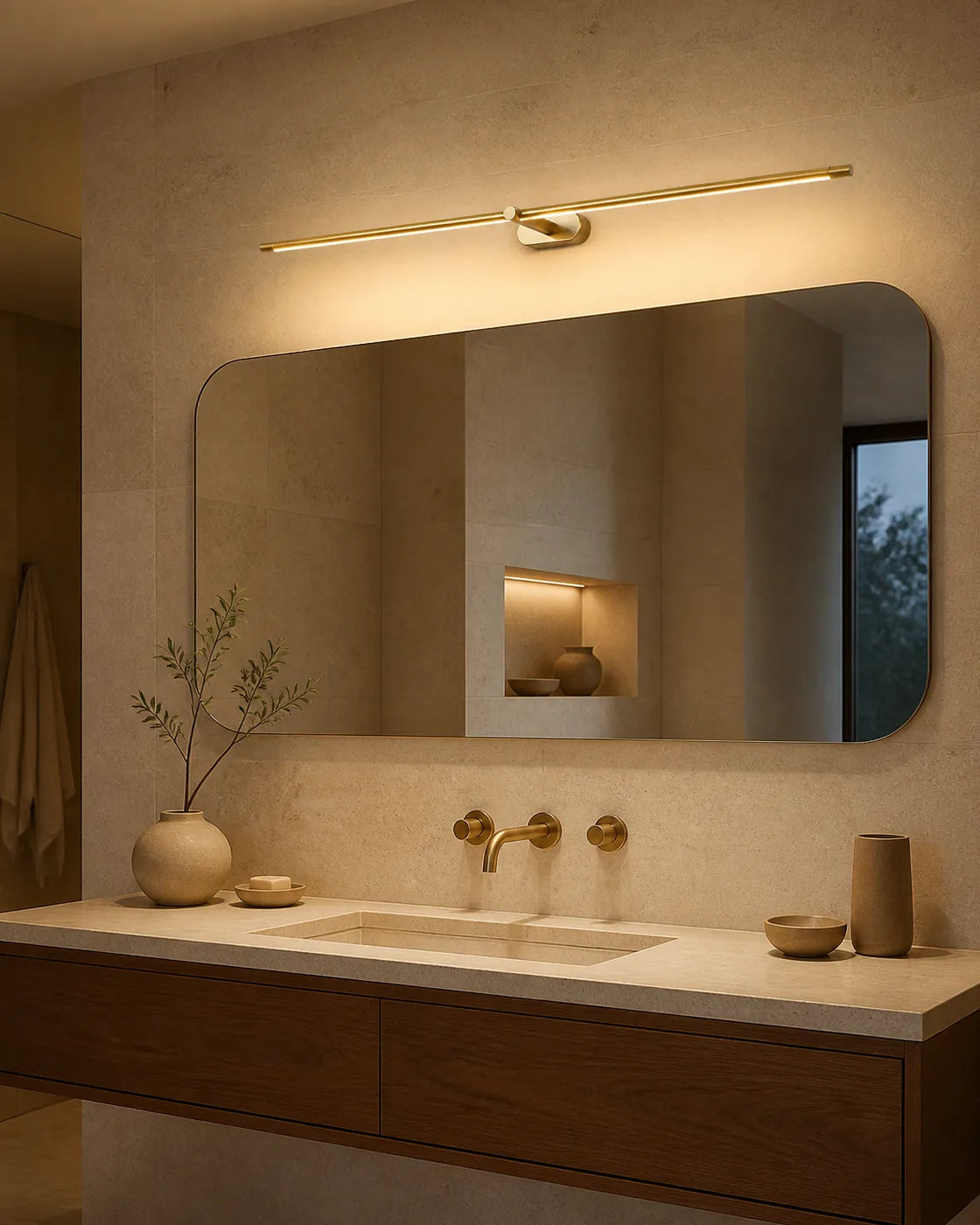 Gold Linear LED Wall Lamp above a bathroom mirror
