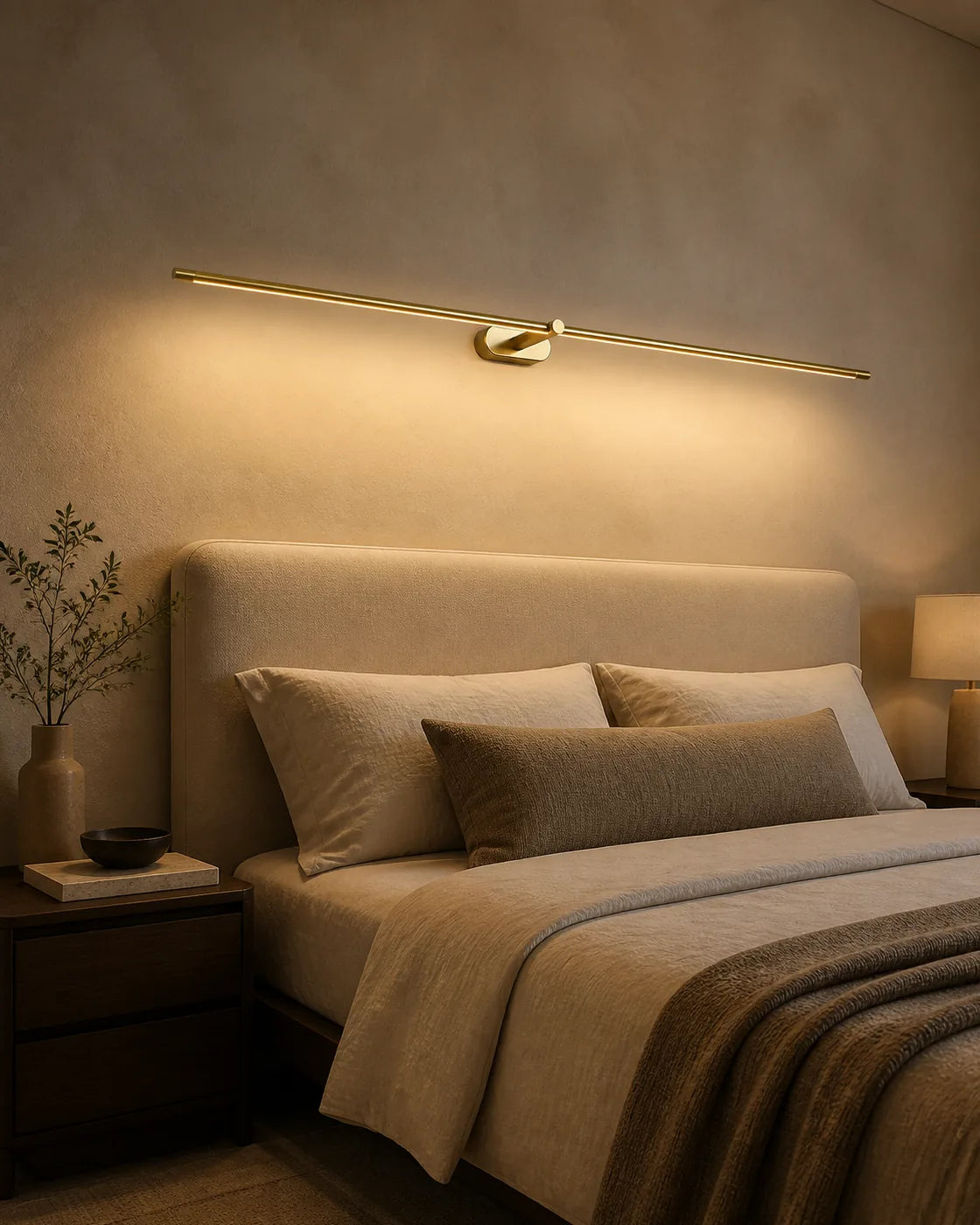 Gold Linear LED Wall Lamp in a warm modern bedroom