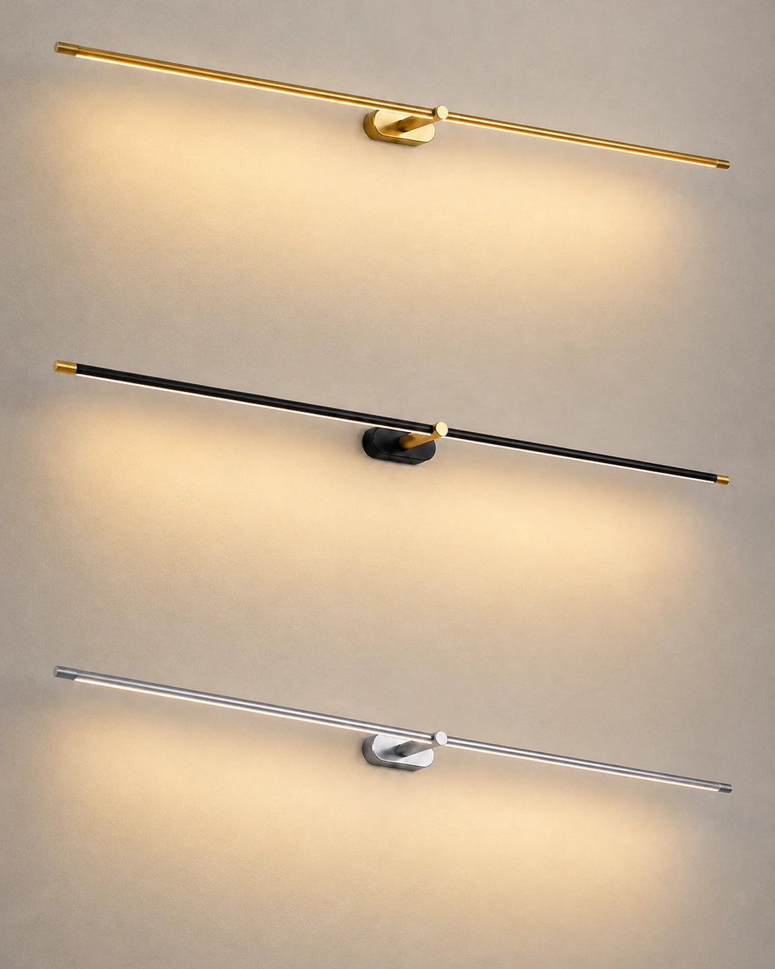 Linear LED Wall Lamp – comparison of Gold, Black and Brushed nickel finishes